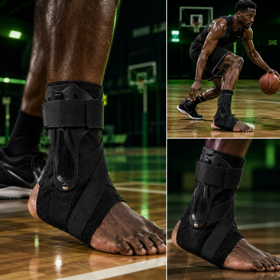 Chevillère XFSRG noire portée par un joueur de basketball à la peau noire